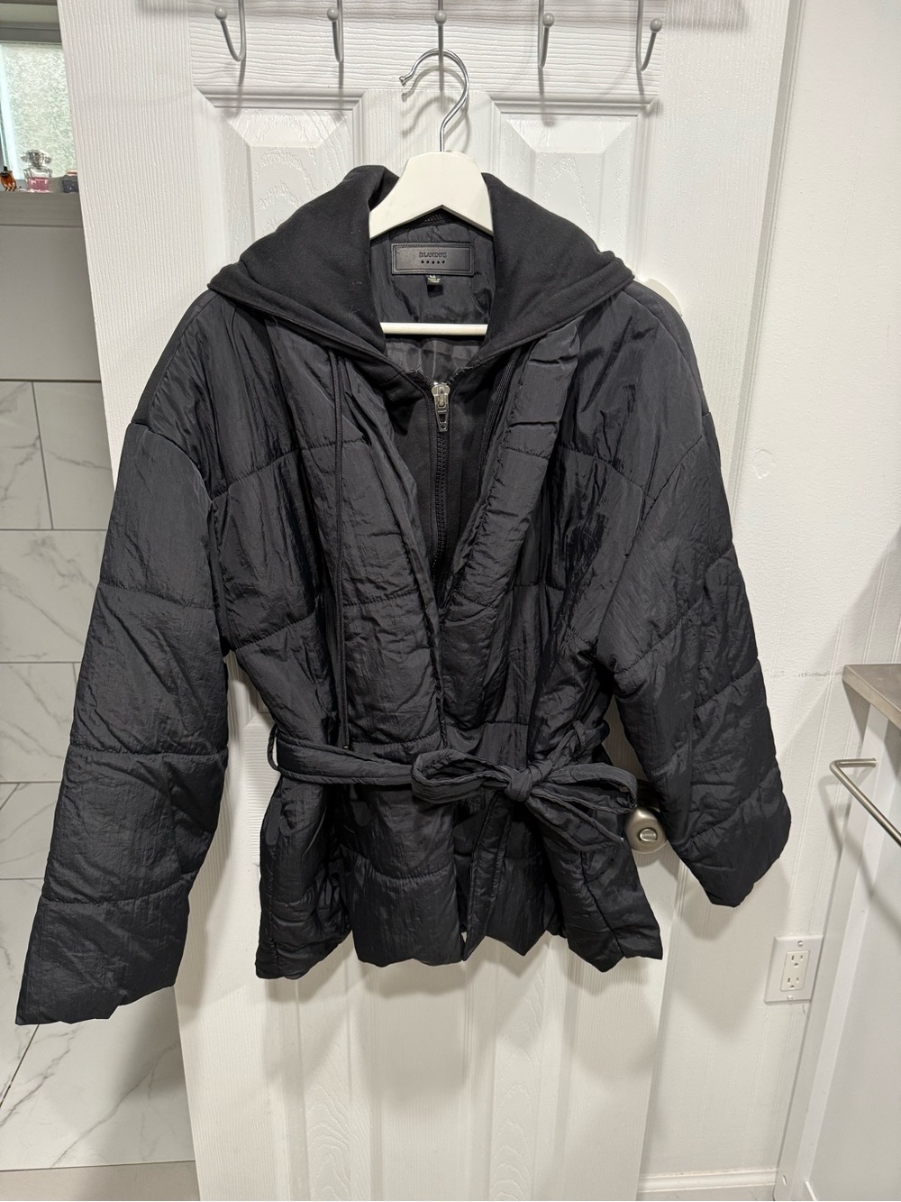 Blank NYC Black Quilted Hooded Belted Puffer Jacket